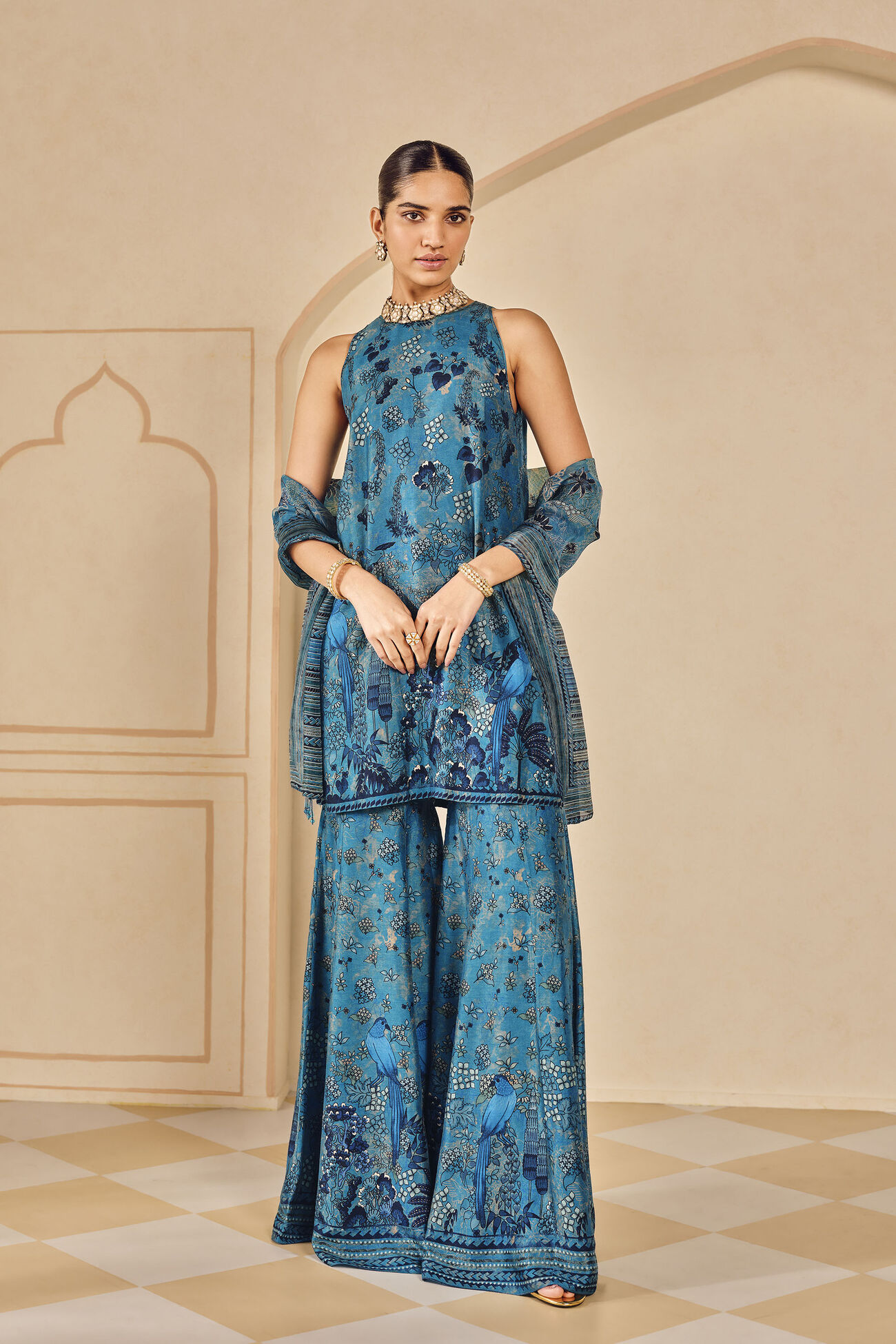 Avis Printed Silk Sharara Set - Blue, Blue, image 1